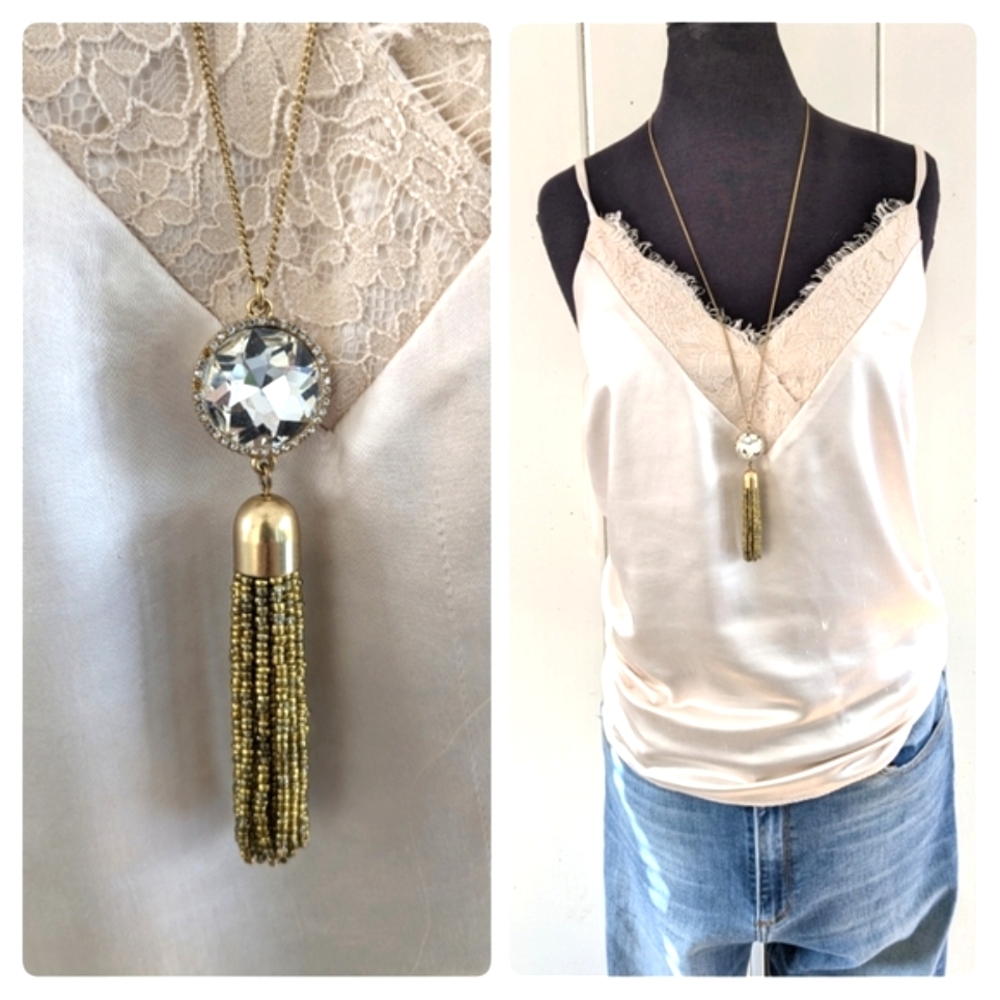 🟣J. Crew Vintage crystal & beaded tassel necklace